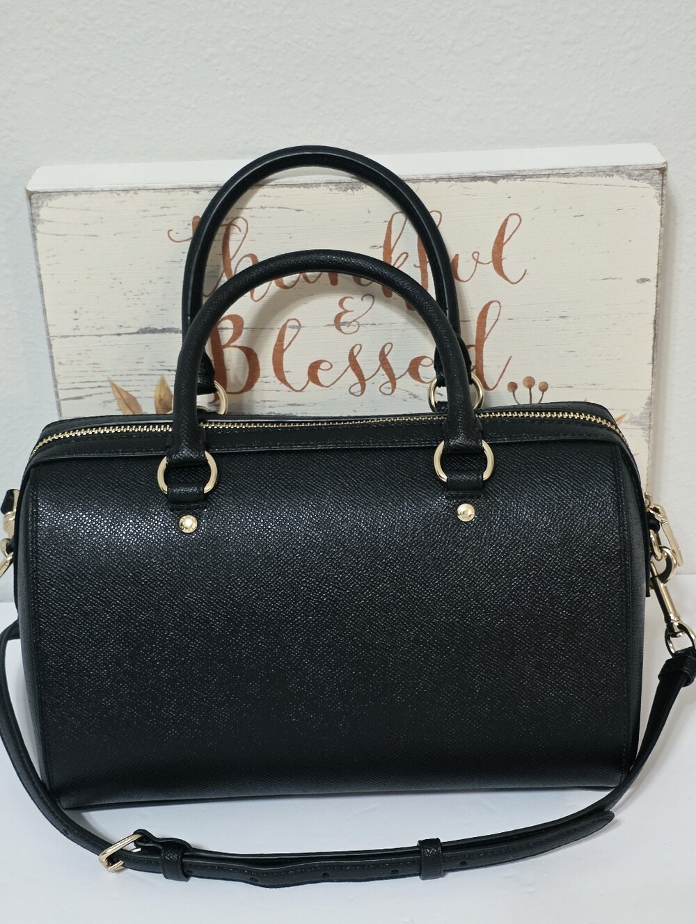 Coach Rowan BLACK Gold Medium Crossbody Bag Crossgrain Leather Shoulder Purse π - Picture 6 of 15